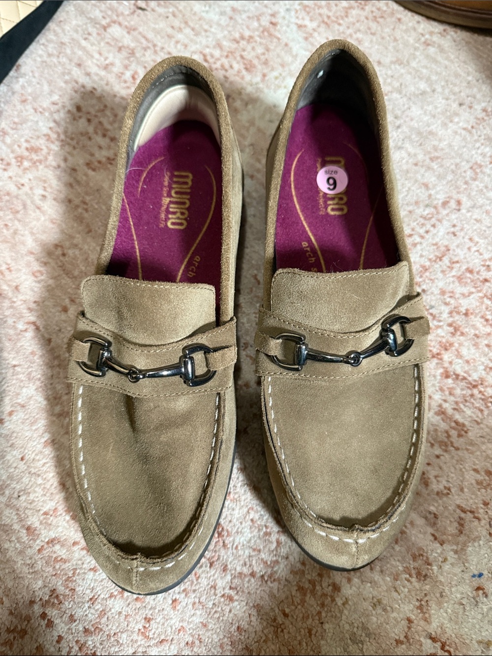 Munro Taupe Suede Loafers with Gunmetal Bit